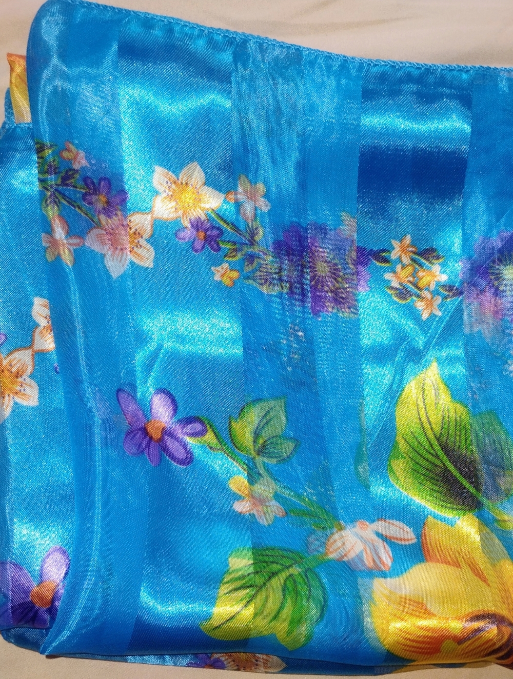 Vibrant Blue Floral Satin Scarf